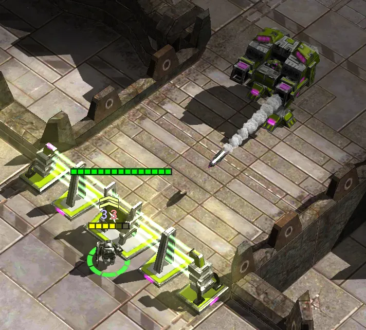 Titan firing a missile at a Peacemaker behind the base gates